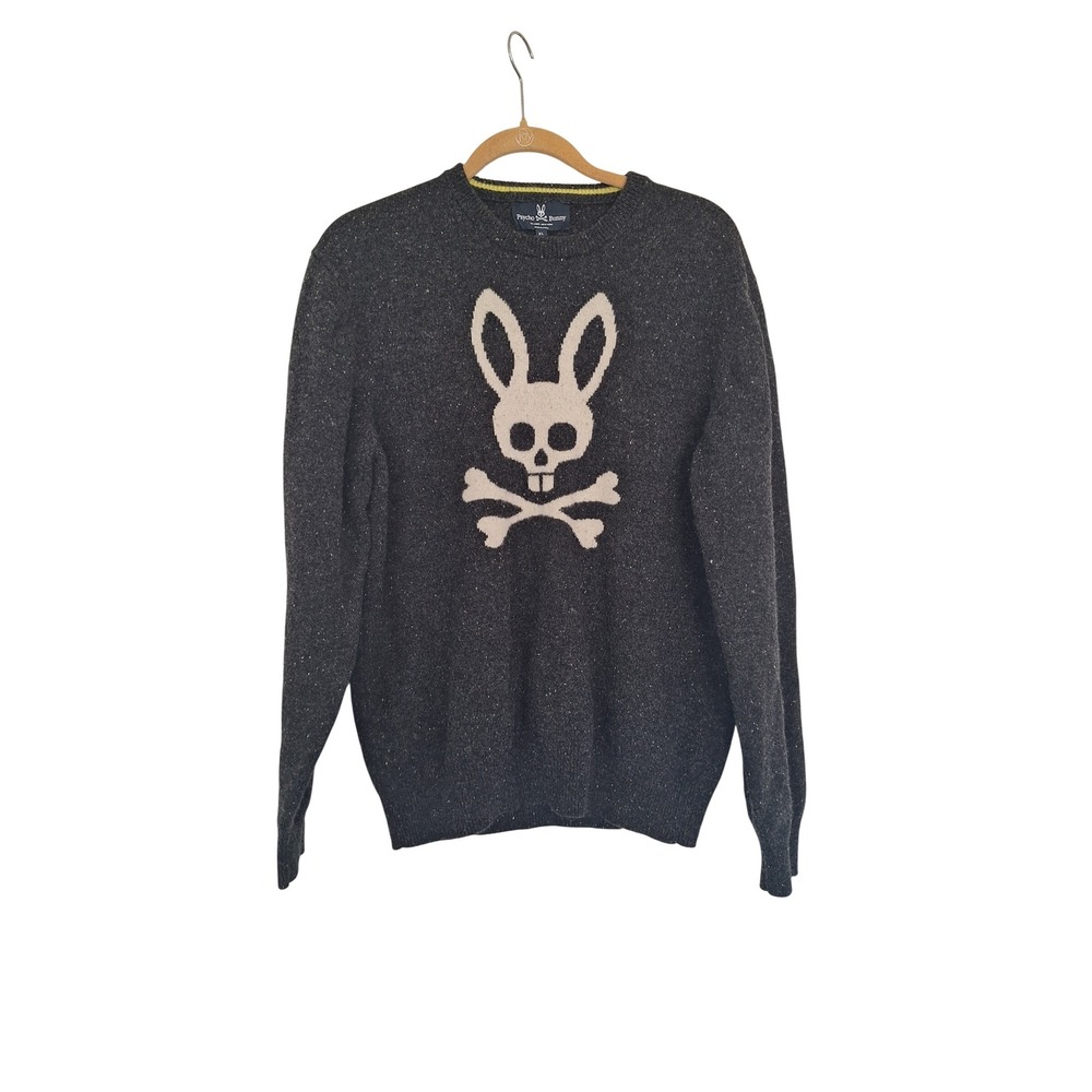Psycho Bunny Mens XL Charcoal Grey 100% Merino Wool Skull Logo Sweater - Picture 1 of 7